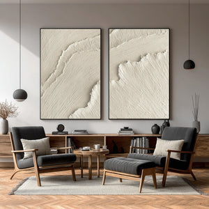 Set of 2 Large Impasto Textured White Wave Abstract Canvas Wall Art Textured Modern Art for Entryway & Bedroom Decor