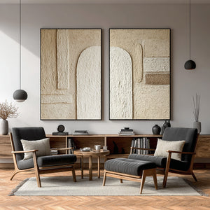 Large Set of 2 3D Textured Arch Geometric Canvas Wall Art Wabi-Sabi Minimalist Art for Living Room Decor