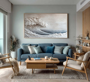Large Contemporary Ocean Wave Canvas Wall Art Neutral Coastal Painting for Interior Decor