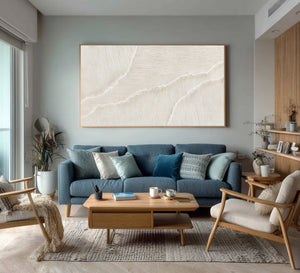 Large Horizontal 3D Textured White Wave Abstract Canvas Wall Art Wabi-Sabi Minimalist Art for Living Room Decor