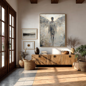 Large Minimalist Angel Figurative Canvas Wall Art Textured Oil Painting for Hallway & Office Decor