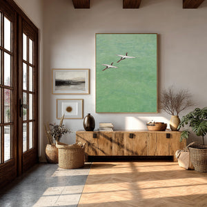 Large Vertical Sage Green Crane Canvas Wall Art Modern Asian Zen Art for Living Room & Study