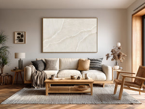 Large Horizontal 3D Textured White Wave Abstract Canvas Wall Art Wabi-Sabi Minimalist Art for Living Room Decor