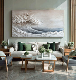 Large Contemporary Ocean Wave Canvas Wall Art Neutral Coastal Painting for Interior Decor