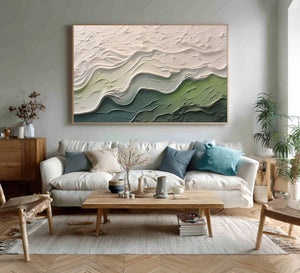 Large Wabi-Sabi Textured Green Wave of Nature Canvas Wall Art Textured Oil Painting for Bedroom & Entryway Decor