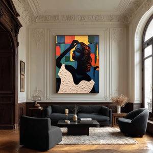 Large Hand Painted Abstract Woman Oil Painting – Colorful Female Portrait for Modern Wall Decor