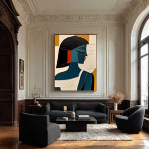 Large Geometric Oil Painting - Abstract Female Portrait Wall Art Hand Painted for Contemporary Decor