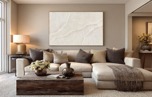 Large Horizontal 3D Textured White Wave Abstract Canvas Wall Art Wabi-Sabi Minimalist Art for Living Room Decor