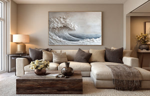 Large Contemporary Ocean Wave Canvas Wall Art Neutral Coastal Painting for Interior Decor