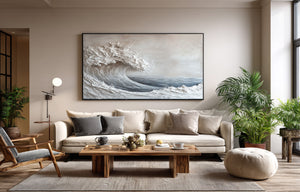 Large Contemporary Ocean Wave Canvas Wall Art Neutral Coastal Painting for Interior Decor