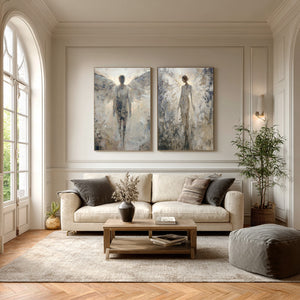 Large Set of 2 Angel Figurative Textured Oil Painting Wabi-Sabi Canvas Wall Art for Living Room Decor