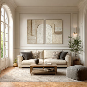 Set of 2 Large Wabi-Sabi Textured Arch Canvas Wall Art Minimalist Beige Textured Painting for Living Room Decor