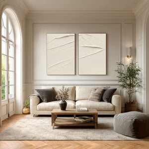 Set of 2 Large Vertical 3D Textured White Abstract Brushstroke Canvas Wall Art Wabi-Sabi Minimalist Art for Living Room Decor