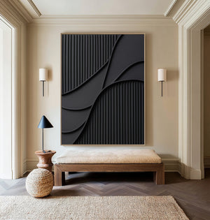 Large Black Abstract Geometric Painting Textured Modern Canvas Wall Art for Living Room Decor