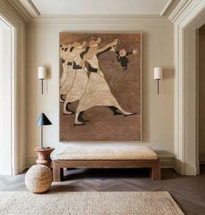Large Vintage Dancing Figures & Puppet Figurative Oil Painting Folk Art Canvas Wall Art for Living Room Decor