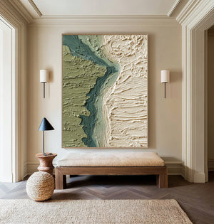 Large Abstract River Landscape Oil Painting Green Textured Terrain Canvas Wall Art for Living Room Decor