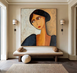 Large Contemporary Modernist Woman Portrait Canvas Wall Art Luxury Figurative Art for Home & Gallery Decor