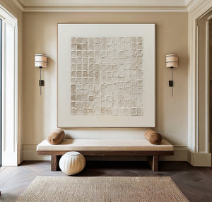 Large Minimalist Textured Block Grid Canvas Wall Art Textured Abstract Art for Entryway & Bedroom Decor
