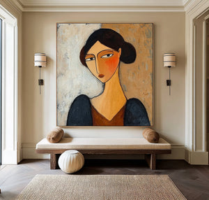 Large Square Modigliani-Style Woman Portrait Canvas Wall Art Modern Figurative Art for Living Room Decor