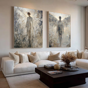 Large Set of 2 Angel Figurative Textured Oil Painting Wabi-Sabi Canvas Wall Art for Living Room Decor