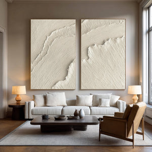 Set of 2 Large Impasto Textured White Wave Abstract Canvas Wall Art Textured Modern Art for Entryway & Bedroom Decor