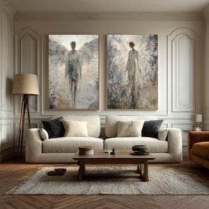 Large Set of 2 Angel Figurative Textured Oil Painting Wabi-Sabi Canvas Wall Art for Living Room Decor