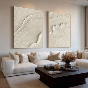 Set of 2 Large Impasto Textured White Wave Abstract Canvas Wall Art Textured Modern Art for Entryway & Bedroom Decor