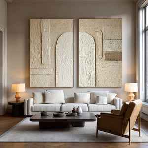 Large Set of 2 3D Textured Arch Geometric Canvas Wall Art Wabi-Sabi Minimalist Art for Living Room Decor