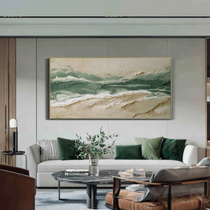 Large Abstract Ocean Wave Oil Painting Textured Green Coastal Canvas Wall Art for Living Room Decor