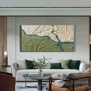 Large Textured River Landscape Oil Painting Green Abstract Canvas Wall Art for Living Room Decor