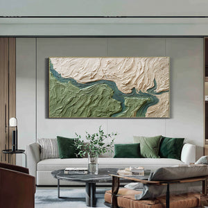 Large Abstract River Oil Painting Textured Green Canvas Wall Art for Contemporary Home Decor