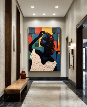 Large Hand Painted Abstract Woman Oil Painting – Colorful Female Portrait for Modern Wall Decor