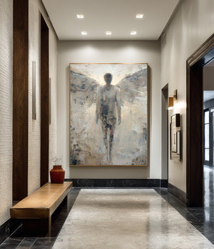 Large Minimalist Angel Figurative Canvas Wall Art Textured Oil Painting for Hallway & Office Decor