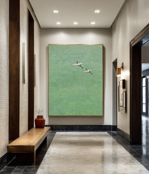 Large Vertical Minimalist Flying Cranes Canvas Wall Art Modern Asian-Inspired Art for Living Room Decor