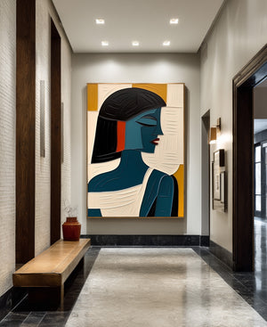 Large Geometric Oil Painting - Abstract Female Portrait Wall Art Hand Painted for Contemporary Decor