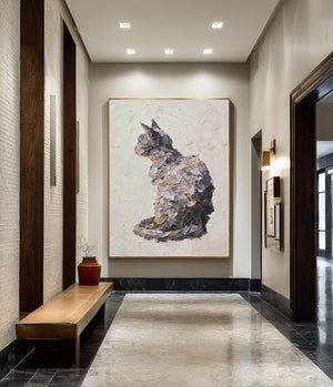 Large Impasto Cat Portrait Canvas Wall Art Textured Pet Art for Entryway & Study Decor