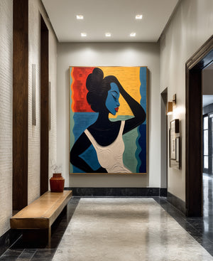 Large Geometric Oil Painting - Abstract Portrait Art on Canvas Hand Painted for Contemporary Interior