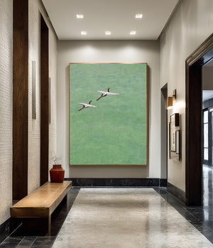 Large Vertical Sage Green Crane Canvas Wall Art Modern Asian Zen Art for Living Room & Study