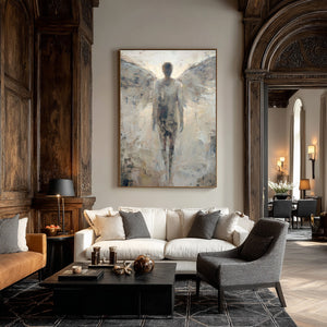 Large Minimalist Angel Figurative Canvas Wall Art Textured Oil Painting for Hallway & Office Decor