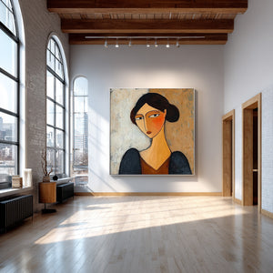 Large Square Modigliani-Style Woman Portrait Canvas Wall Art Modern Figurative Art for Living Room Decor